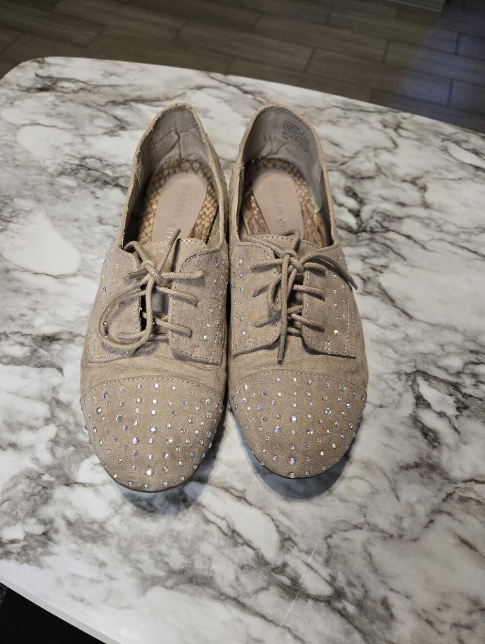 Madden Girl Taupe Suede Rhinestone Oxford Flats